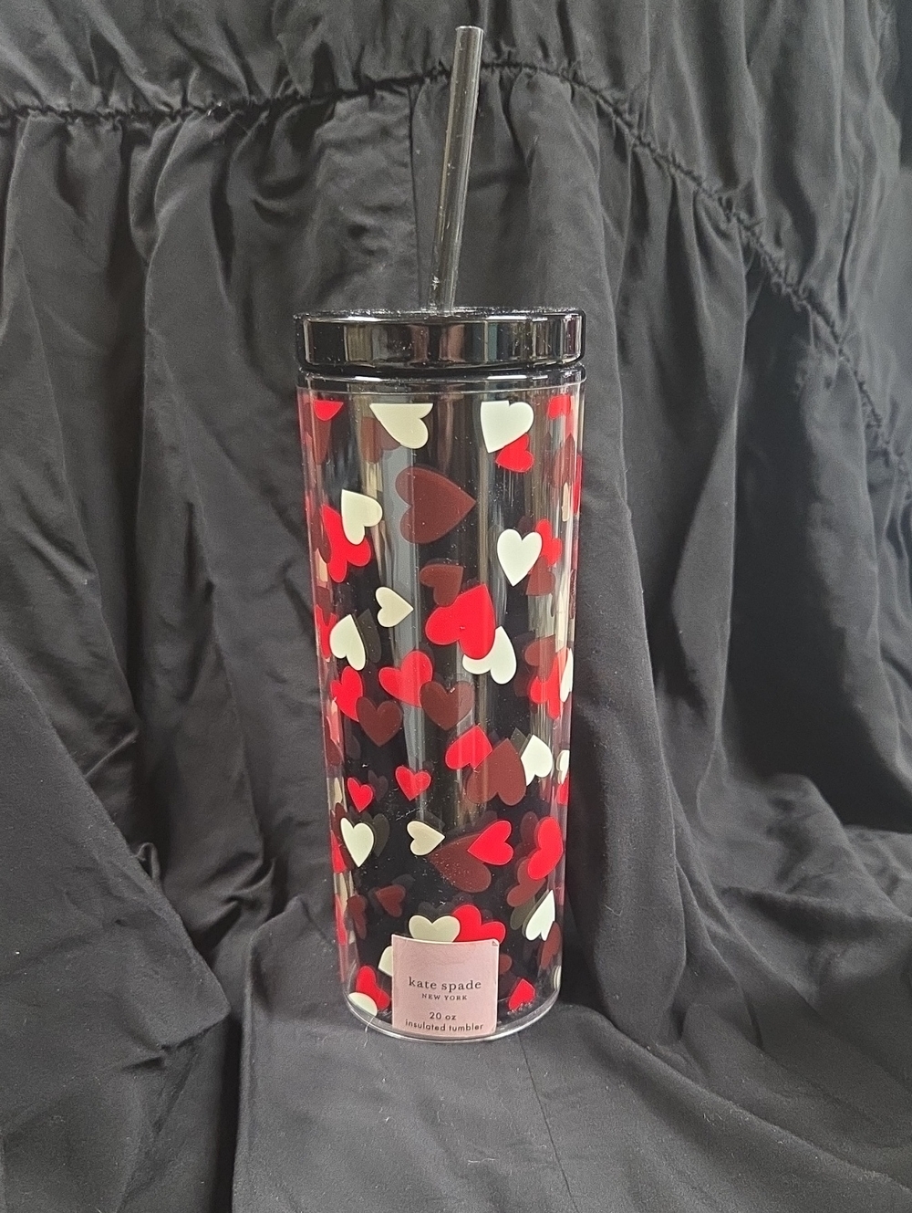 kate spade black insulated tumbler with red and white heart pattern